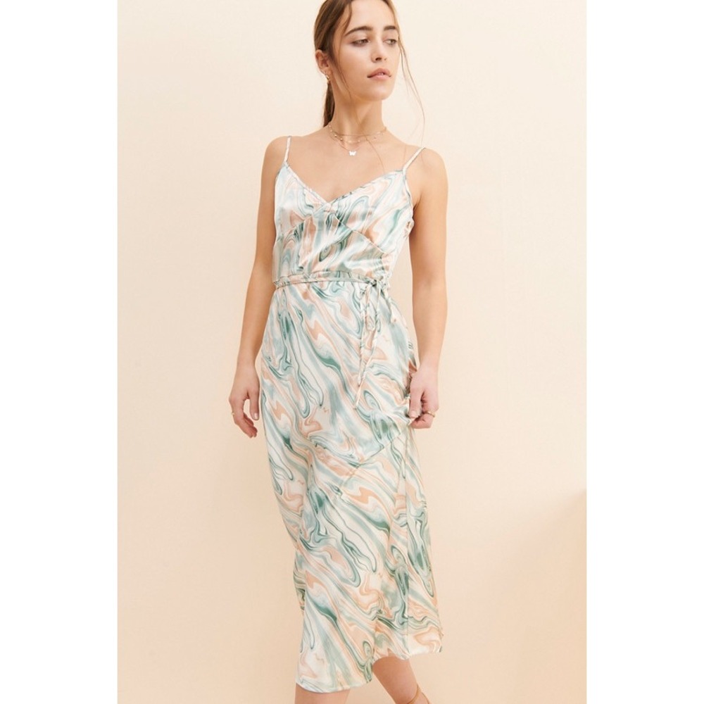4th & Reckless Cici Marble Print Satin Midi Dress Sage Peach Green Womens Medium - Picture 2 of 9